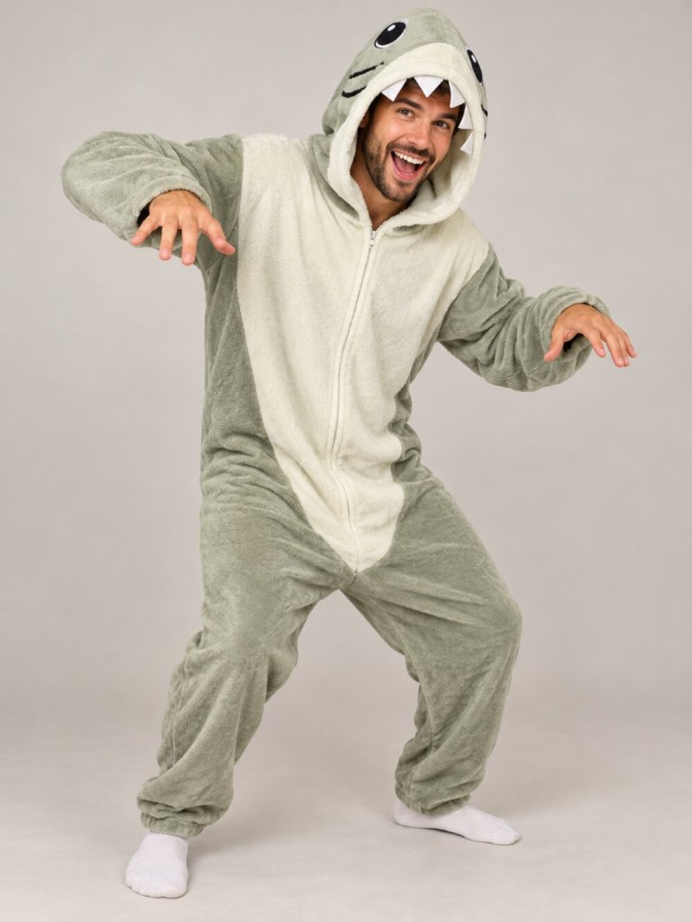 NWT Shark 1-Piece Costume Adult XL Gray Cream Plush Hooded Jumpsuit